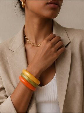 Set of 3 Lucite Bangle Stacking Bracelets in Orange, Chartreuse, and Yellow